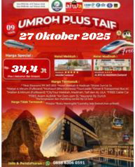 Paket Umrah Reguler, Plus Thaif, Plus Kereta Cepat, Btt Ahz, 09  hari, Keberangkatan 27 Oktober  2025